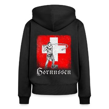 Schweiz Hornussen Nationalsport Tradition - Frauen Premium Bio Zip Hoodie - Schwarz - Hinten - Julia (174cm)