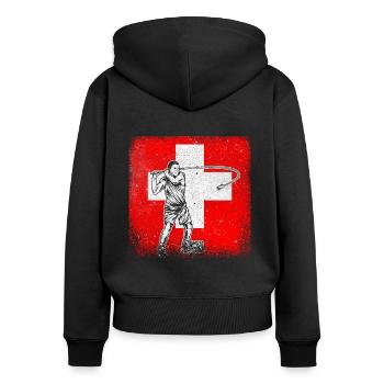 Schweiz Hornussen Nationalsport Tradition - Frauen Premium Bio Zip Hoodie - Schwarz - Hinten - Julia (174cm)