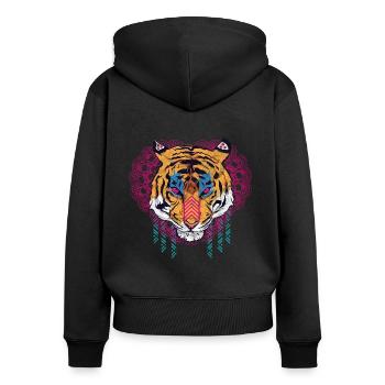 Globaler Nomadentiger - Frauen Premium Bio Zip Hoodie - Schwarz - Hinten - Julia (174cm)