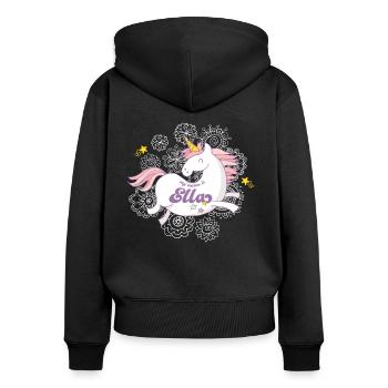 Cadeau Licorne Prénom Ella - Sweat à capuche zippé Premium bio Femme - noir - Dos - Julia (174cm)