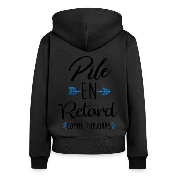 Pile en retard - Sweat à capuche zippé Premium bio Femme - noir - Dos - Julia (174cm)