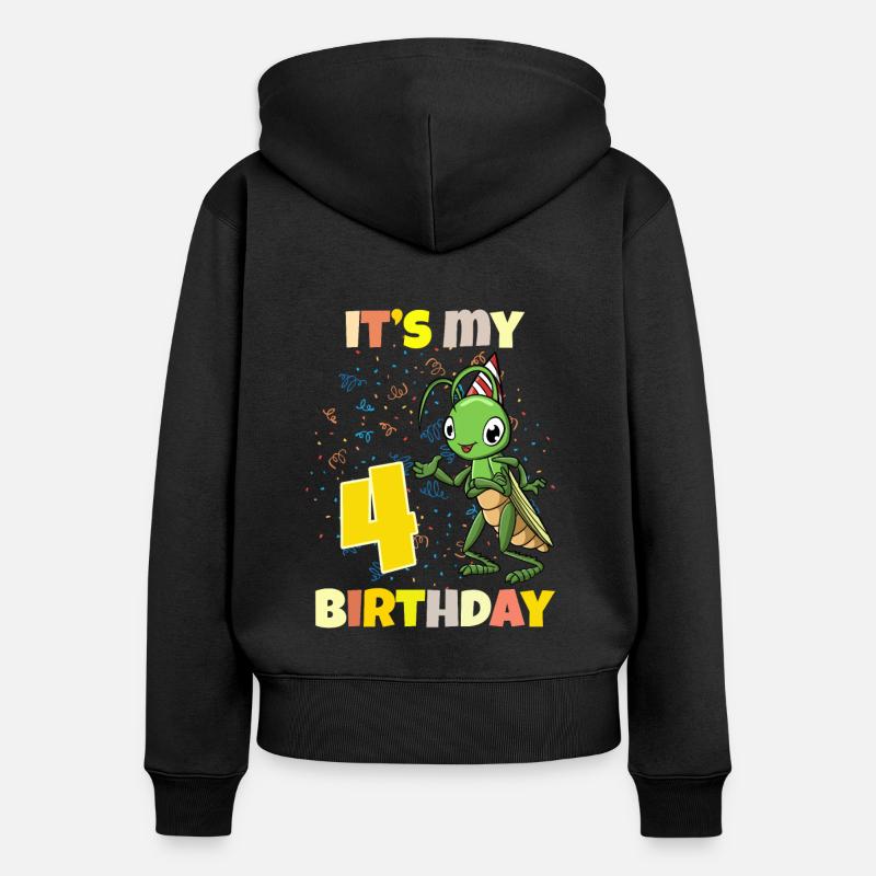 Det er min 4-årsdag gresshoppe - Premium økologisk hettegenser med glidelås for kvinner - svart