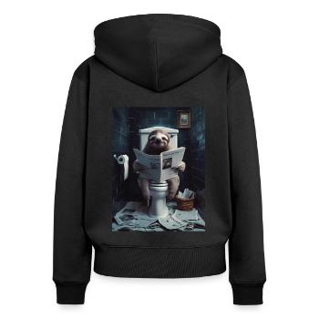 Faultier Toilette Zeitung lesen Geschenk - Frauen Premium Bio Zip Hoodie - Schwarz - Hinten - Julia (174cm)