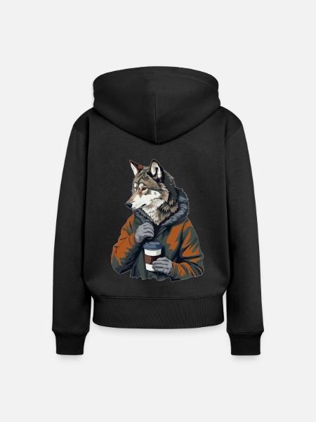 Wolf - Frauen Premium Bio Zip Hoodie - Schwarz