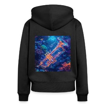 Trompete - Frauen Premium Bio Zip Hoodie - Schwarz - Hinten - Julia (174cm)
