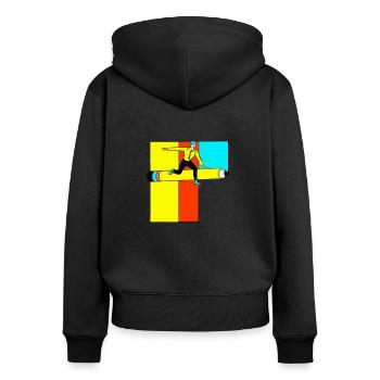 Homme sautant par-dessus la partie crayon pop - Sweat à capuche zippé Premium bio Femme - noir - Dos - Julia (174cm)