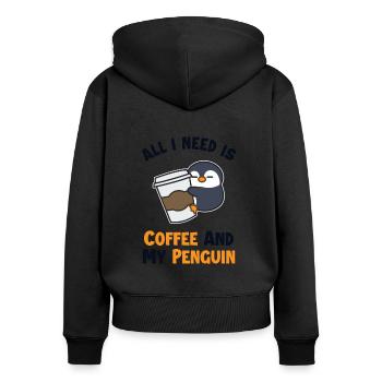 Le café et mon pingouin Le pingouin royal Le - Sweat à capuche zippé Premium bio Femme - noir - Dos - Julia (174cm)