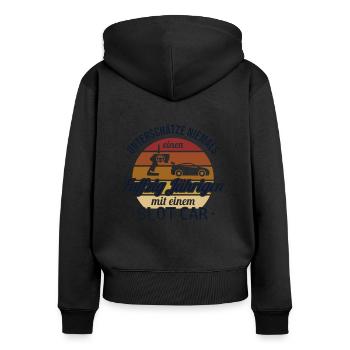 Fuffzig Jähriger mit Slot Car Slotcar Minicar 50. - Frauen Premium Bio Zip Hoodie - Schwarz - Hinten - Julia (174cm)