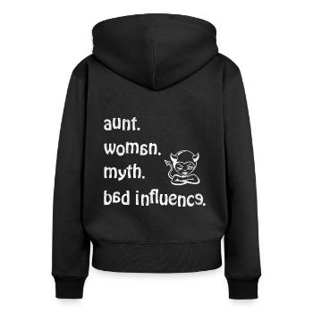 étonné. Femme. mythe. Mauvaise influence - Rétro - Sweat à capuche zippé Premium bio Femme - noir - Dos - Julia (174cm)