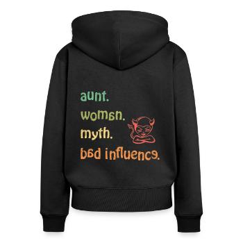 étonné. Femme. mythe. Mauvaise influence - Rétro - Sweat à capuche zippé Premium bio Femme - noir - Dos - Julia (174cm)