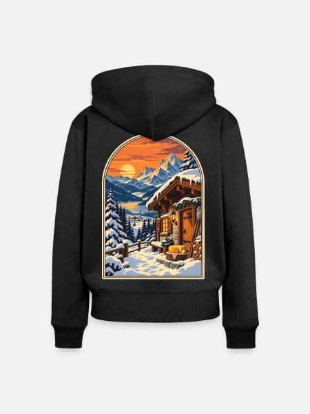 Alpenchalet bei Sonnenuntergang Reiseplakat - Frauen Premium Bio Zip Hoodie - Schwarz