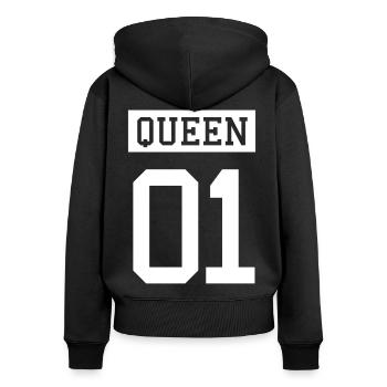 QUEEN 01 Partnerlook - Frauen Premium Bio Zip Hoodie - Schwarz - Hinten - Julia (174cm)