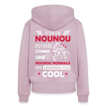 Nounou motarde moto nourrice - Sweat à capuche zippé Premium bio Femme - rose poudré - Dos - Julia (174cm)