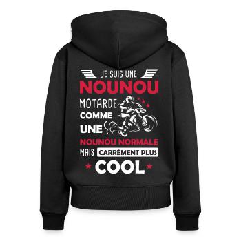 Nounou motarde moto nourrice - Sweat à capuche zippé Premium bio Femme - noir - Dos - Julia (174cm)