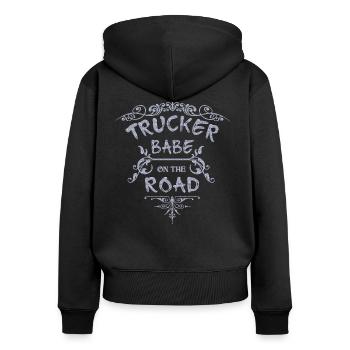 Truckerin Trucker Babe LKW Truck Fahrerin - Frauen Premium Bio Zip Hoodie - Schwarz - Hinten - Julia (174cm)