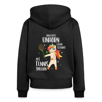 Tennis Einhorn clever getarnt als Tennis Spielerin - Frauen Premium Bio Zip Hoodie - Schwarz - Hinten - Julia (174cm)