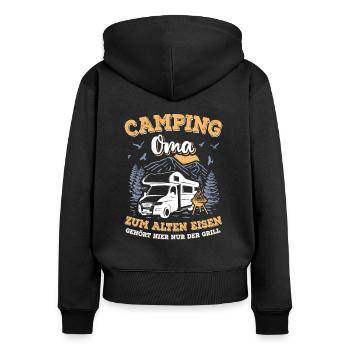 Camper Oma Camping Wohnmobil Urlaub Berge Grill - Frauen Premium Bio Zip Hoodie - Schwarz - Hinten - Julia (174cm)