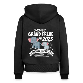 Bientôt Grand Frère En 2023 Cadeau Grossesse - Sweat à capuche zippé Premium bio Femme - noir - Dos - Julia (174cm)