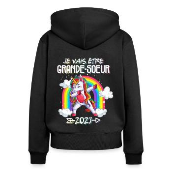 Je Vais Être Grande Soeur 2023 Grossesse Cadeau - Sweat à capuche zippé Premium bio Femme - noir - Dos - Julia (174cm)