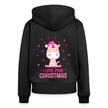 Noël Licorne amour rose Noël - Sweat à capuche zippé Premium bio Femme - noir - Dos - Julia (174cm)