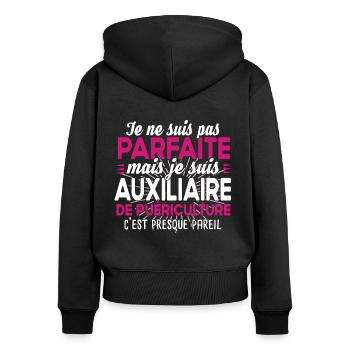 Auxiliaire de puériculture Puéricultrice Métier - Sweat à capuche zippé Premium bio Femme - noir - Dos - Julia (174cm)