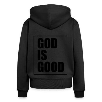 God is good - Frauen Premium Bio Zip Hoodie - Schwarz - Hinten - Julia (174cm)