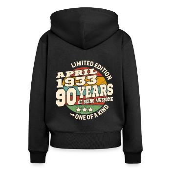 April 1933 geboren - 90 Jahre alt - Frauen Premium Bio Zip Hoodie - Schwarz - Hinten - Julia (174cm)