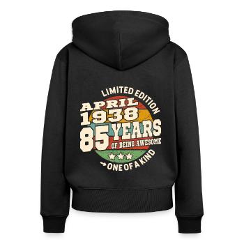 Born in April 1938 - 85 years old - Women's Premium Organic Zip Hoodie - black - Back - Julia (174cm)