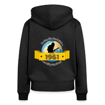 63. Geburtstag Rocking this planet since 11/1961 - Frauen Premium Bio Zip Hoodie - Schwarz - Hinten - Julia (174cm)