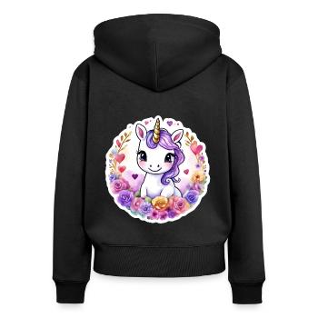 Licorne avec des fleurs/Roses colorées - Licorne douce - Sweat à capuche zippé Premium bio Femme - noir - Dos - Julia (174cm)