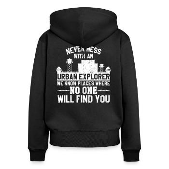 Urbex Hobby Erkundung - Frauen Premium Bio Zip Hoodie - Schwarz - Hinten - Julia (174cm)