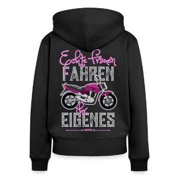 Frauen und ihr Motorrad - Frauen Premium Bio Zip Hoodie - Schwarz - Hinten - Julia (174cm)