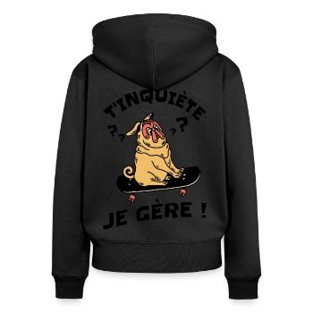T'inquiète Je Gère Humour - Sweat à capuche zippé Premium bio Femme - noir - Dos - Julia (174cm)