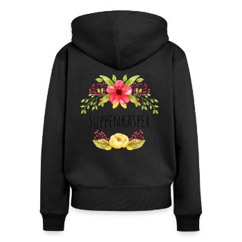 Suppenkasper - Frauen Premium Bio Zip Hoodie - Schwarz - Hinten - Julia (174cm)