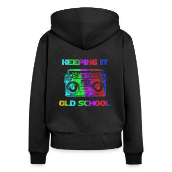 Old School - Frauen Premium Bio Zip Hoodie - Schwarz - Hinten - Julia (174cm)