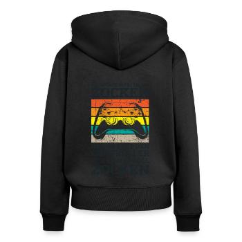 Der König will zocken Gamer Spruch mit Controller - Frauen Premium Bio Zip Hoodie - Schwarz - Hinten - Julia (174cm)