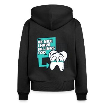 Soyez gentil j’ai des plombages trop laboratoire dentaire - Sweat à capuche zippé Premium bio Femme - noir - Dos - Julia (174cm)