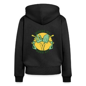 Où mes houes au jardin horticole - Sweat à capuche zippé Premium bio Femme - noir - Dos - Julia (174cm)