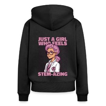 Mädchen, das sich fühlt, um Wissenschaftler zu stemmen MINT-Steminist - Frauen Premium Bio Zip Hoodie - Schwarz - Hinten - Julia (174cm)