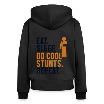 Essen, schlafen, coole Stunts machen, gebrochenen Finger wiederholen - Frauen Premium Bio Zip Hoodie - Schwarz - Hinten - Julia (174cm)