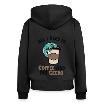 Kaffee und meine Gecko-Eidechse Gekkota Schopf - Frauen Premium Bio Zip Hoodie - Schwarz - Hinten - Julia (174cm)