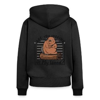Schauen Sie sich mein Holz Nordamerika an - Frauen Premium Bio Zip Hoodie - Schwarz - Hinten - Julia (174cm)