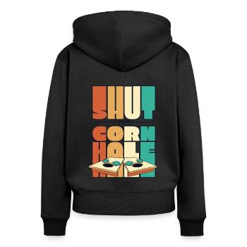 Halt deine Cornhole Spielbretter Sitzsack Cornhole - Frauen Premium Bio Zip Hoodie - Schwarz - Hinten - Julia (174cm)