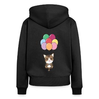Cat flies upwards with colorful balloons - Women's Premium Organic Zip Hoodie - black - Back - Julia (174cm)