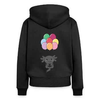 Axolotl flies upwards with colorful balloons - Women's Premium Organic Zip Hoodie - black - Back - Julia (174cm)