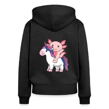 Bi Flag Pride LGBTQ Axolotl auf Einhorn - Frauen Premium Bio Zip Hoodie - Schwarz - Hinten - Julia (174cm)