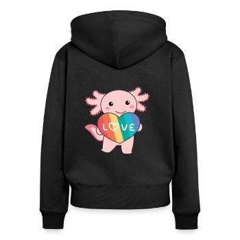 Regenbogen Herzen Pride LGBTQ süße tiere Axolotl - Frauen Premium Bio Zip Hoodie - Schwarz - Hinten - Julia (174cm)