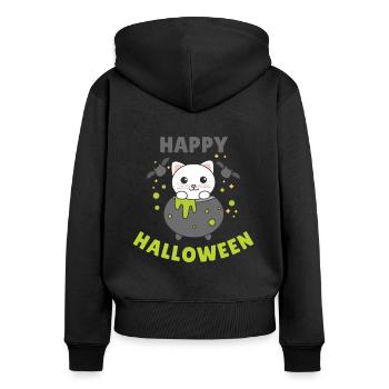 Katze Happy Halloween Hexenkessel Fledermaus - Frauen Premium Bio Zip Hoodie - Schwarz - Hinten - Julia (174cm)