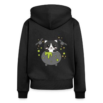 Katze Happy Halloween Hexenkessel Fledermaus - Frauen Premium Bio Zip Hoodie - Schwarz - Hinten - Julia (174cm)