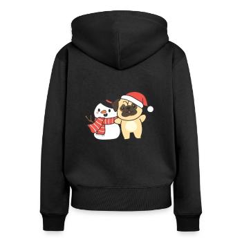 Pug with snowman in winter for Christmas - Women's Premium Organic Zip Hoodie - black - Back - Julia (174cm)